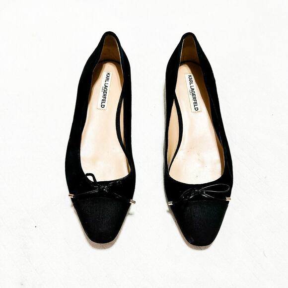 Karl Lagerfeld Black Suede Leather Almond Toe Bow Accent Flats Shoes Size 9.5 - Picture 1 of 6